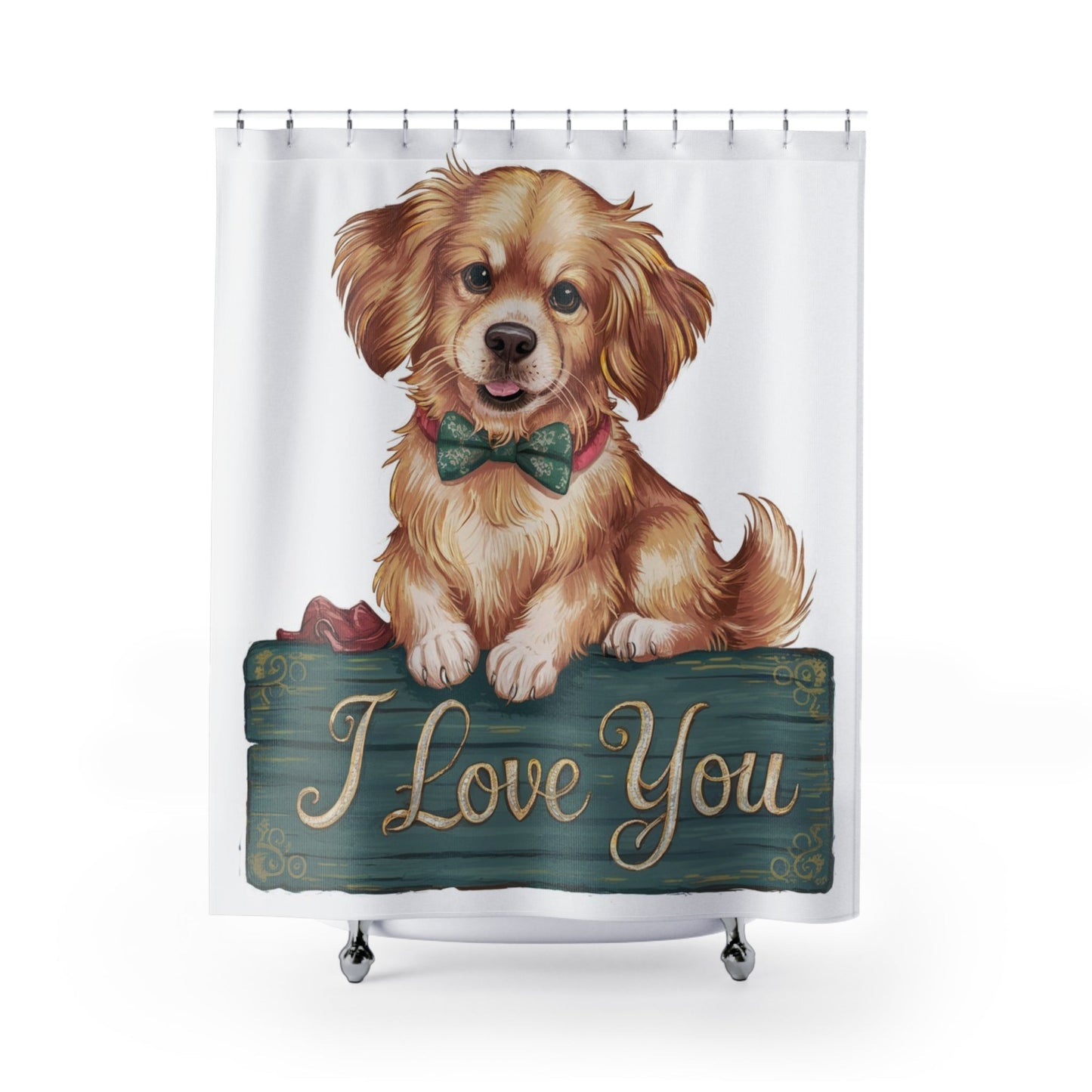 Cute Puppy I Love You Shower Curtain | Dog Bow Tie Bathroom Decor - Bubble Gum Wink
