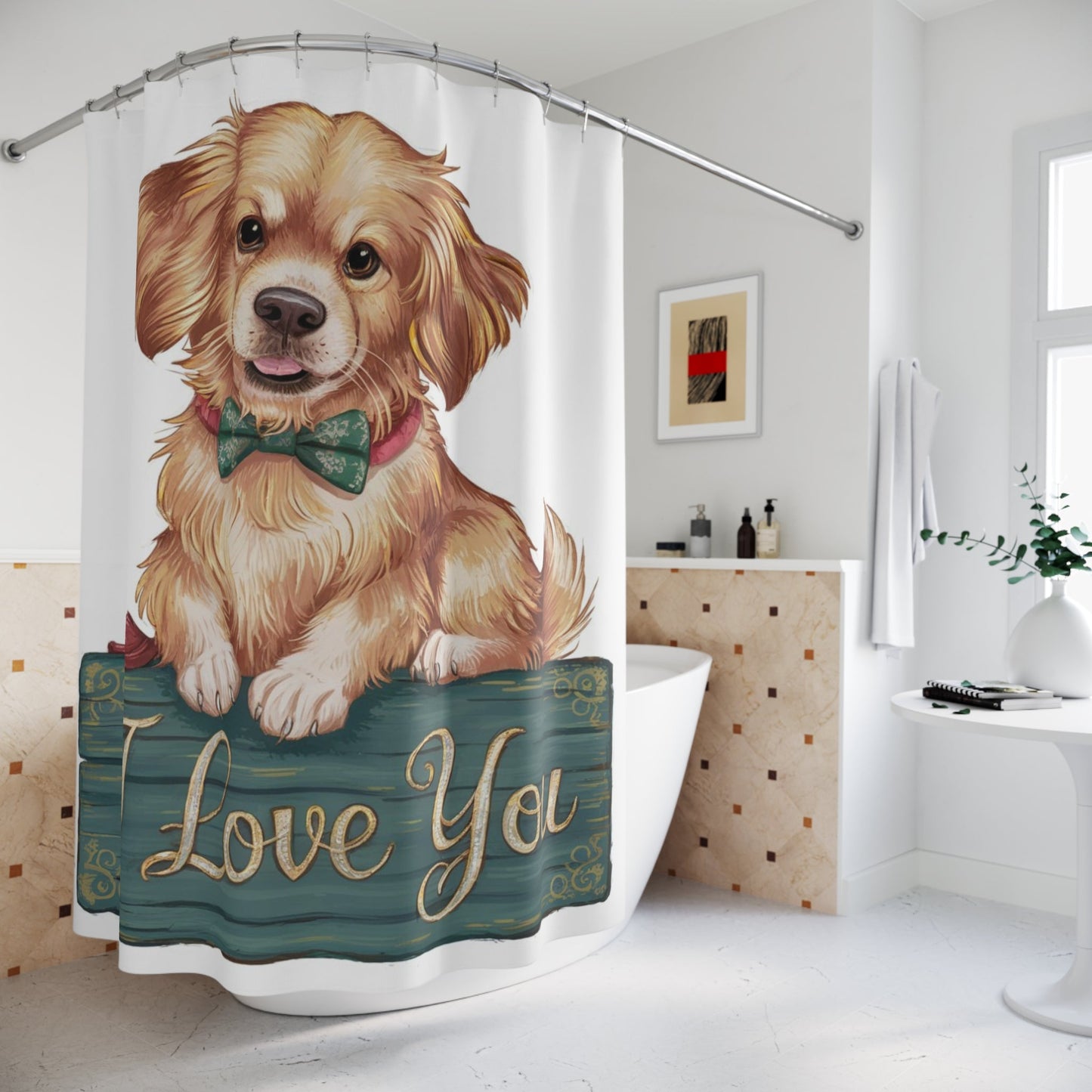 Cute Puppy I Love You Shower Curtain | Dog Bow Tie Bathroom Decor - Bubble Gum Wink
