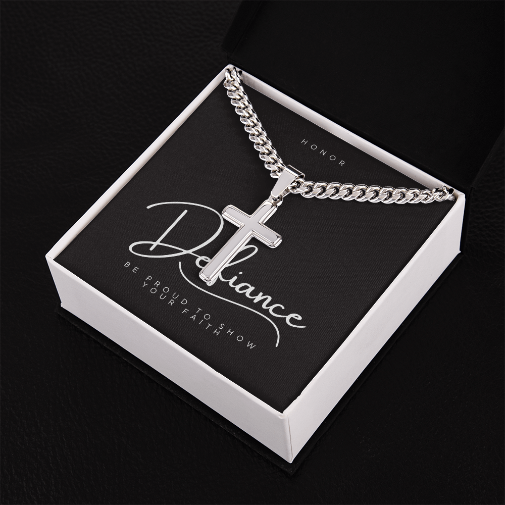 Defiance Cross Necklace – Polished Stainless Steel Cuban Chain - Bubble Gum Wink