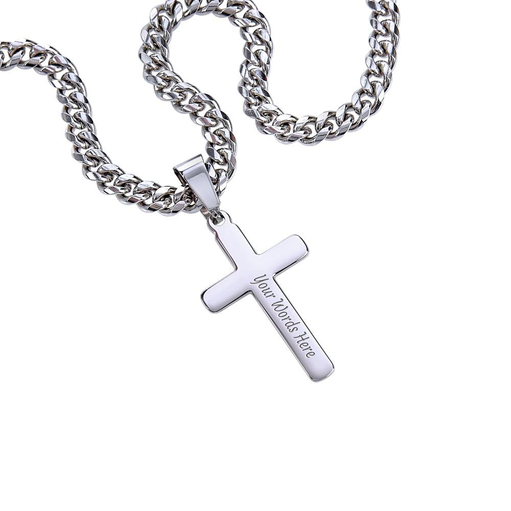 Defiance Cross Necklace – Polished Stainless Steel Cuban Chain - Bubble Gum Wink