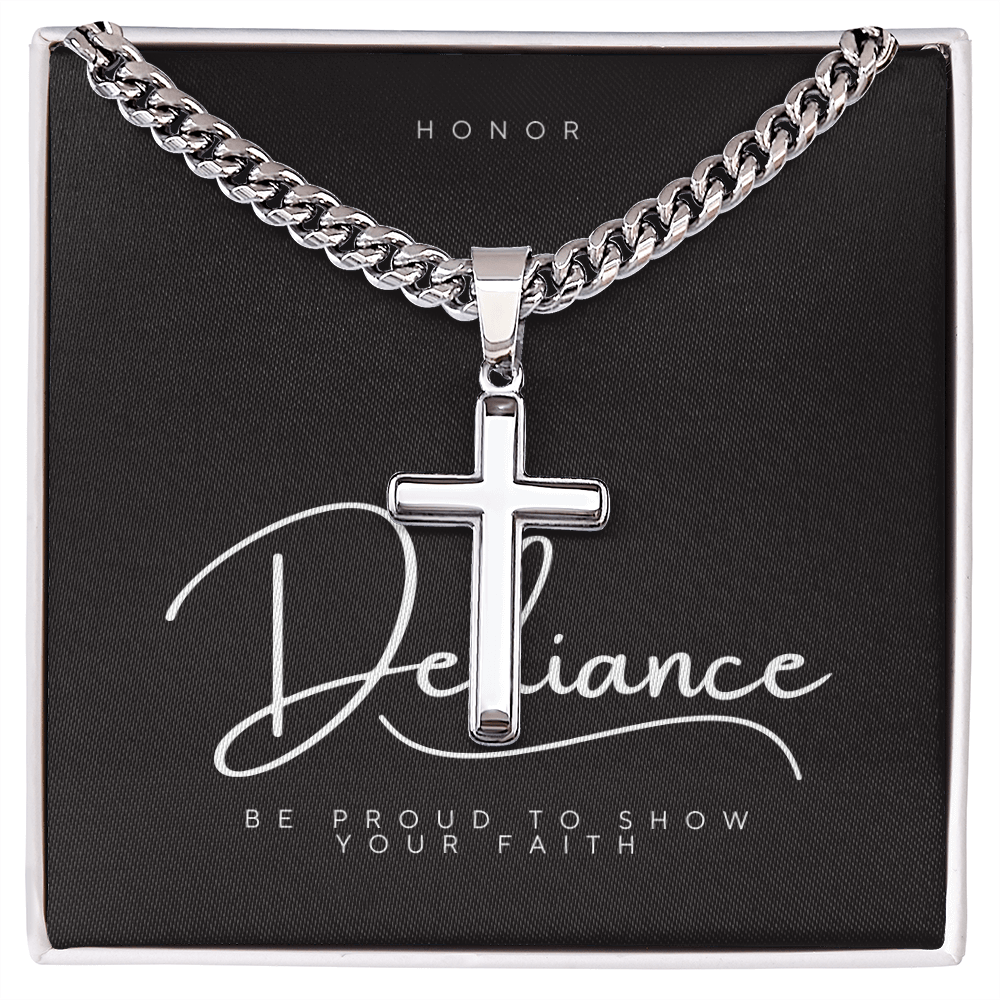 Defiance Cross Necklace – Polished Stainless Steel Cuban Chain - Bubble Gum Wink