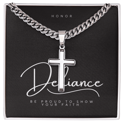 Defiance Cross Necklace – Polished Stainless Steel Cuban Chain - Bubble Gum Wink
