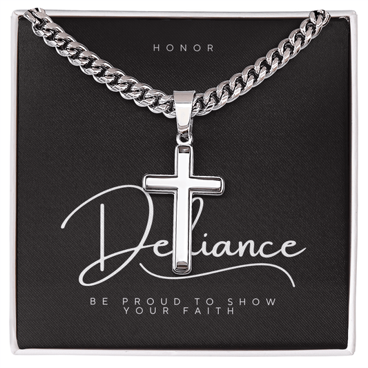 Defiance Cross Necklace – Polished Stainless Steel Cuban Chain - Bubble Gum Wink