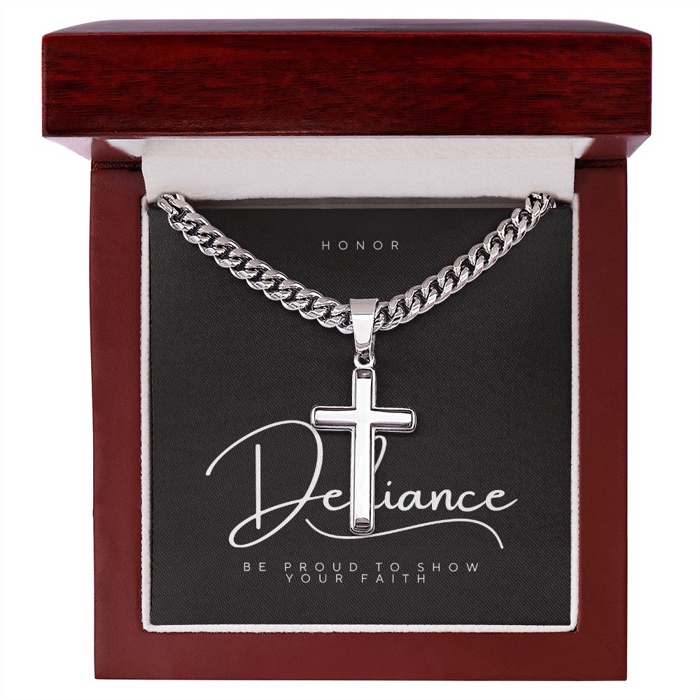 Defiance Cross Necklace – Polished Stainless Steel Cuban Chain - Bubble Gum Wink
