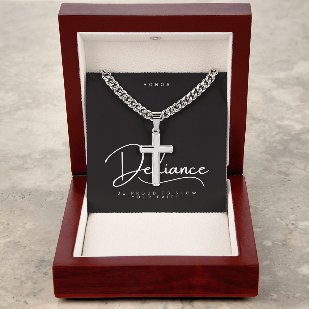 Defiance Cross Necklace – Polished Stainless Steel Cuban Chain - Bubble Gum Wink