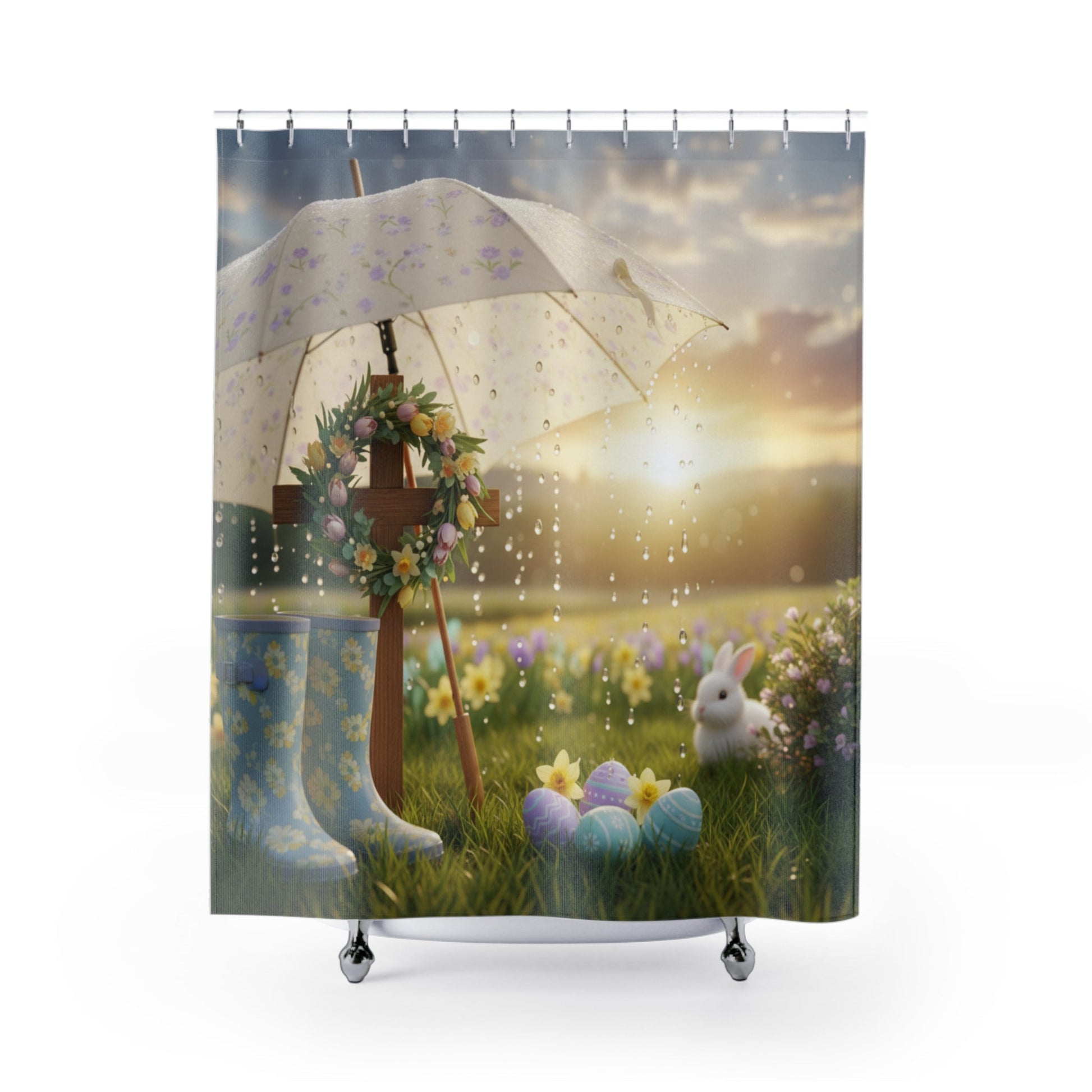 Easter Bunny Umbrella Shower Curtain | Pastel Eggs, Spring Meadow - Bubble Gum Wink