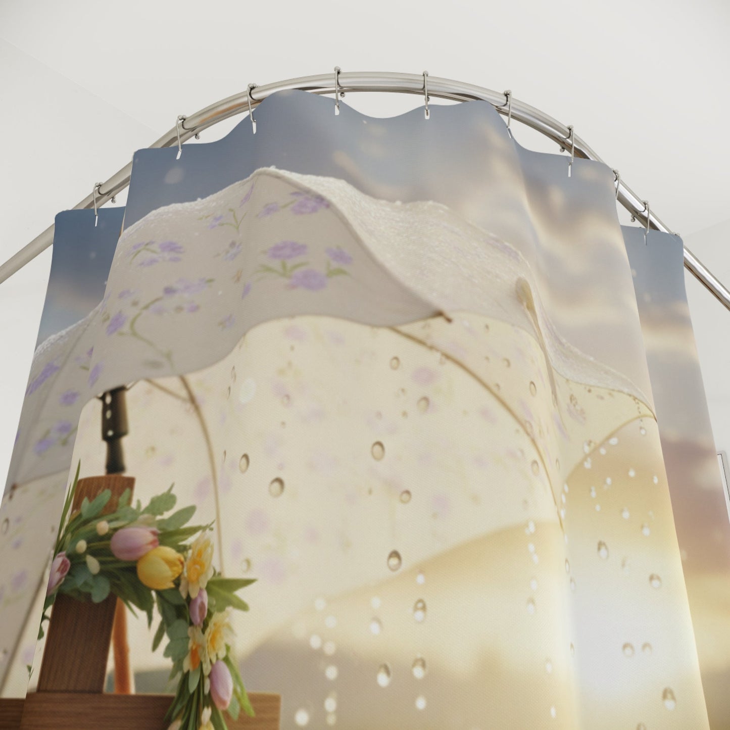 Easter Bunny Umbrella Shower Curtain | Pastel Eggs, Spring Meadow - Bubble Gum Wink