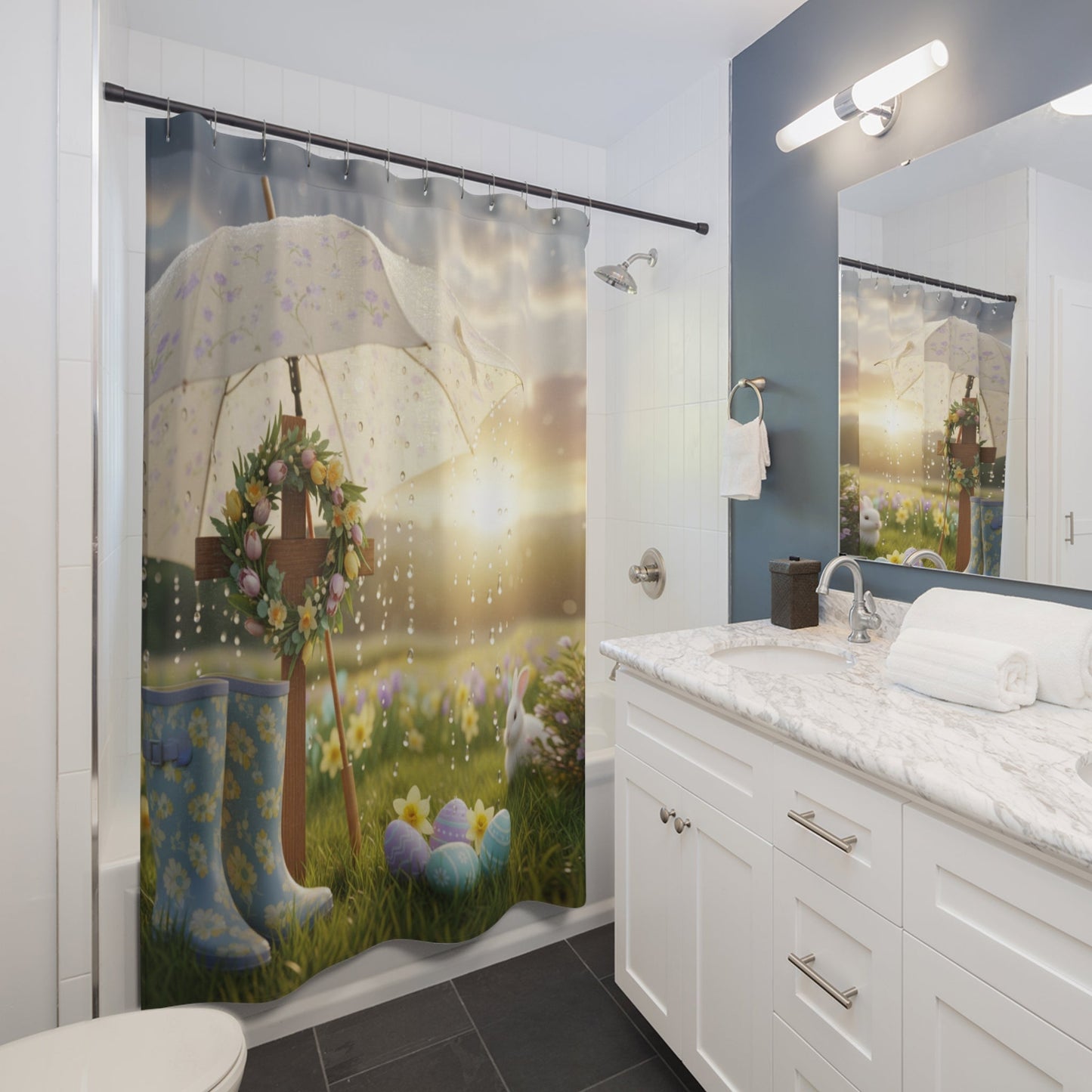 Easter Bunny Umbrella Shower Curtain | Pastel Eggs, Spring Meadow - Bubble Gum Wink