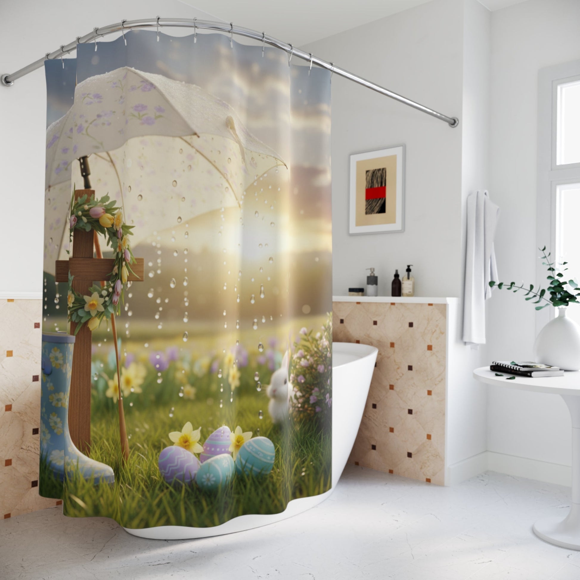 Easter Bunny Umbrella Shower Curtain | Pastel Eggs, Spring Meadow - Bubble Gum Wink