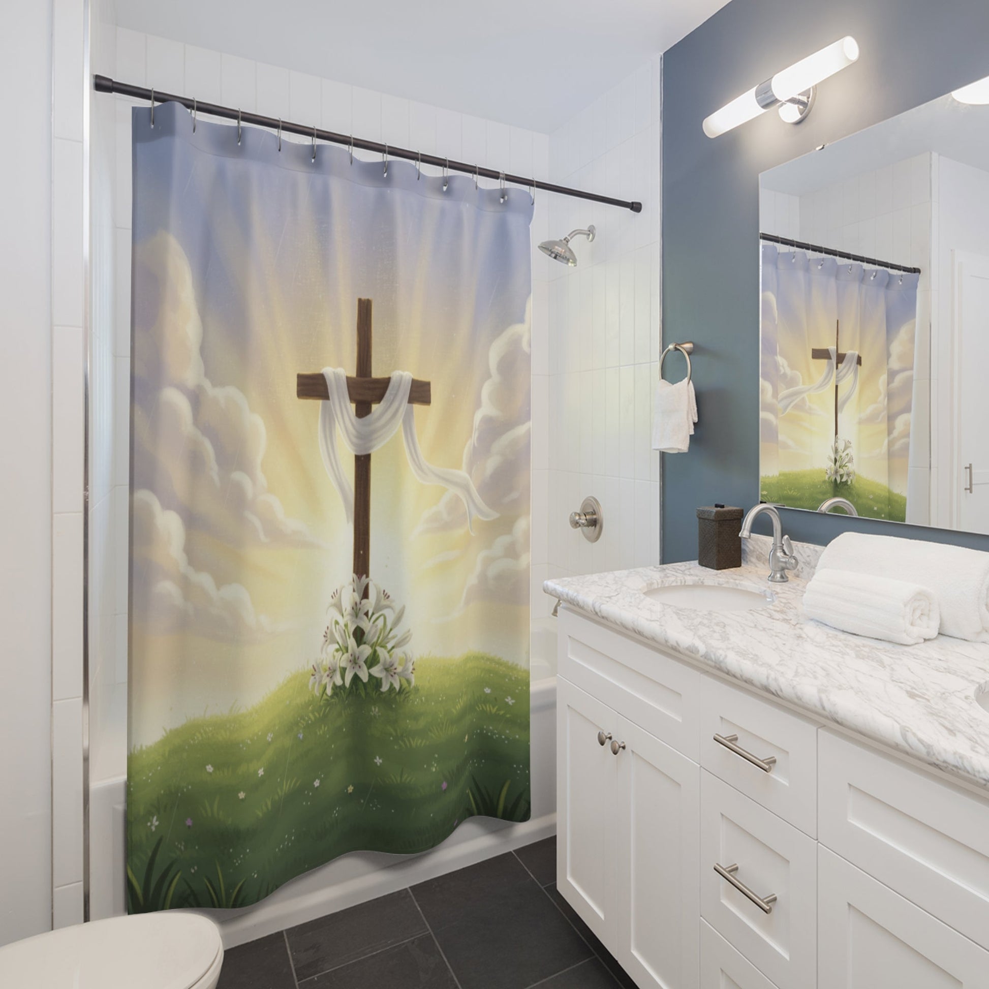 Easter Cross with Lilies Shower Curtain | Christian Bathroom Decor - Bubble Gum Wink
