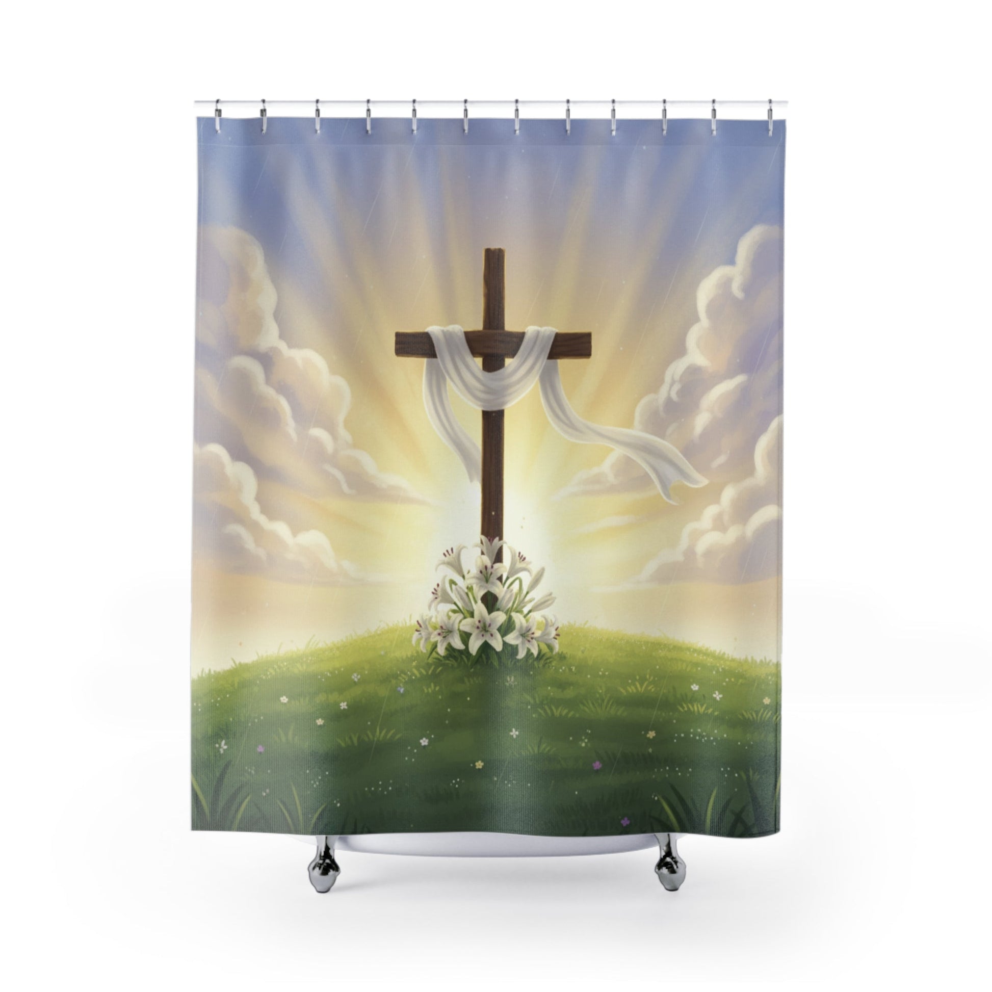 Easter Cross with Lilies Shower Curtain | Christian Bathroom Decor - Bubble Gum Wink