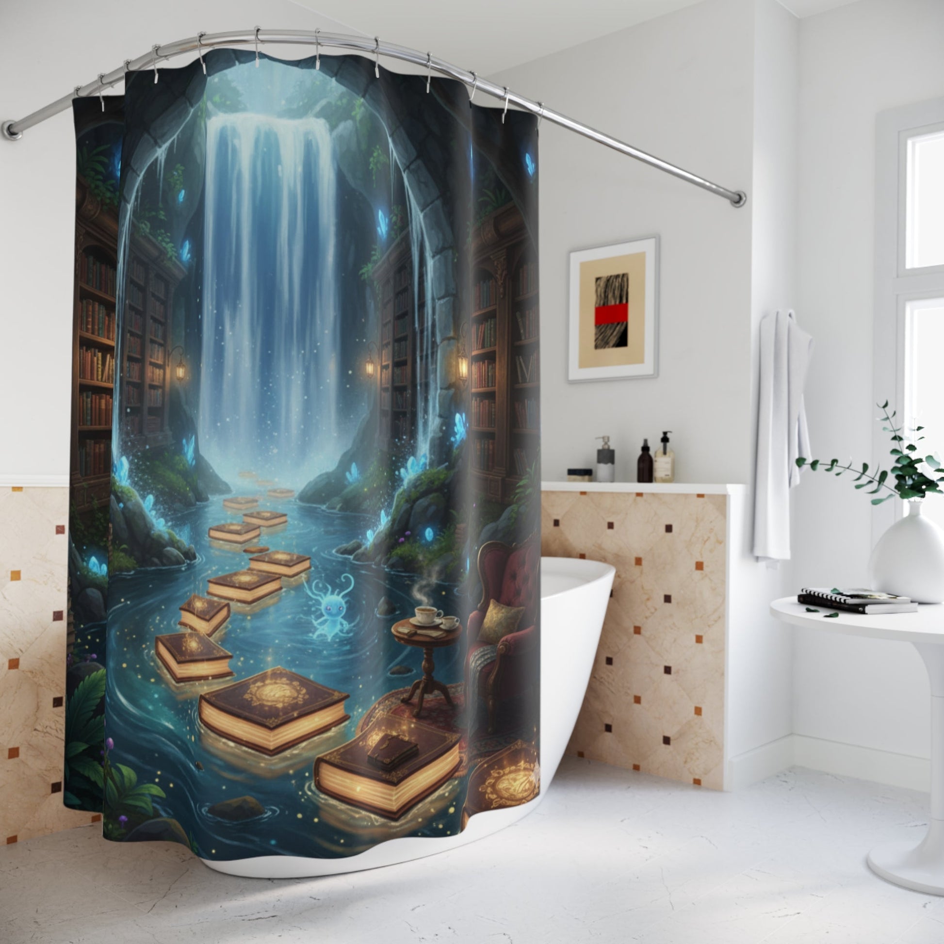 Enchanted Waterfall Library Shower Curtain Floating Books Crystal Glow Bathroom Decor - Bubble Gum Wink