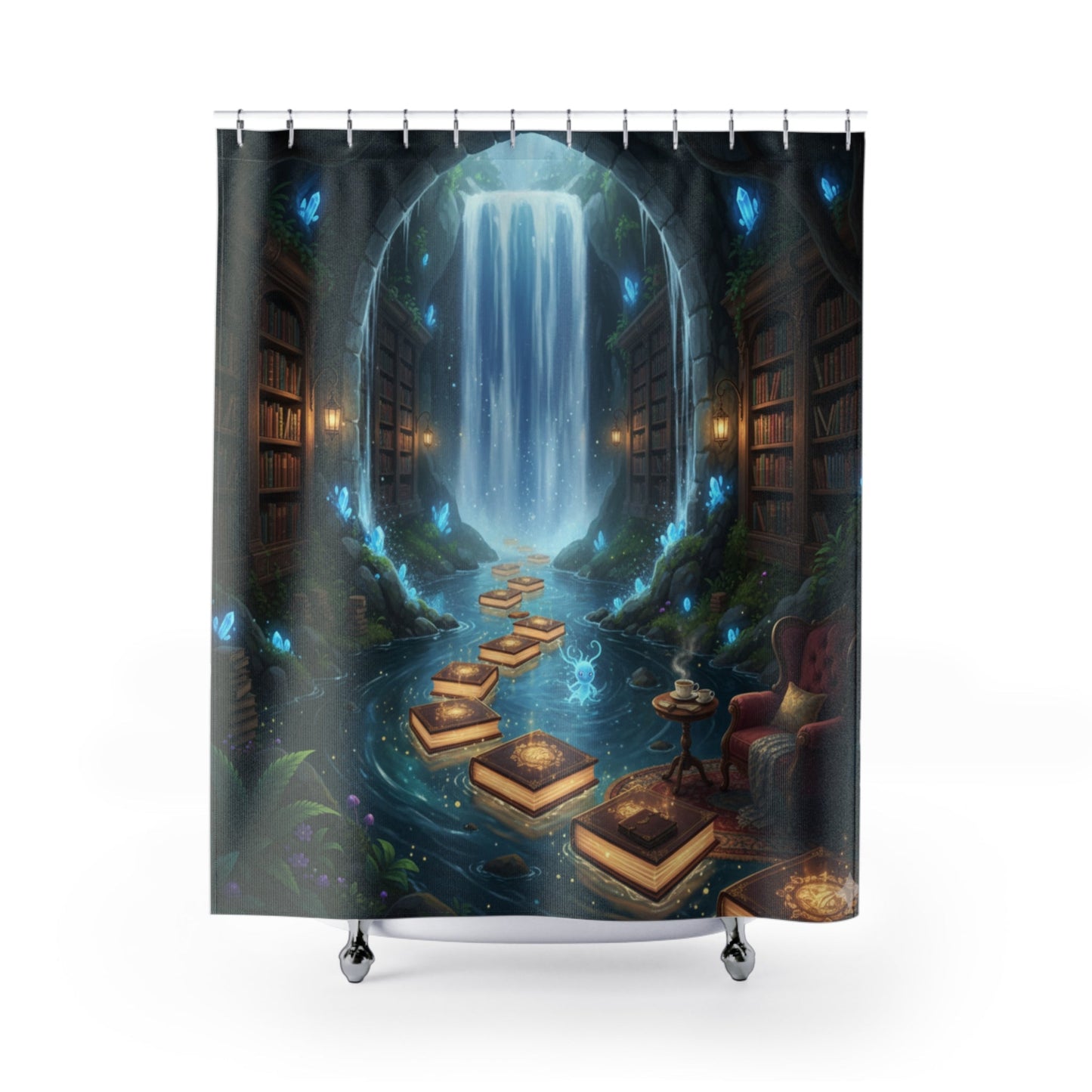Enchanted Waterfall Library Shower Curtain Floating Books Crystal Glow Bathroom Decor - Bubble Gum Wink