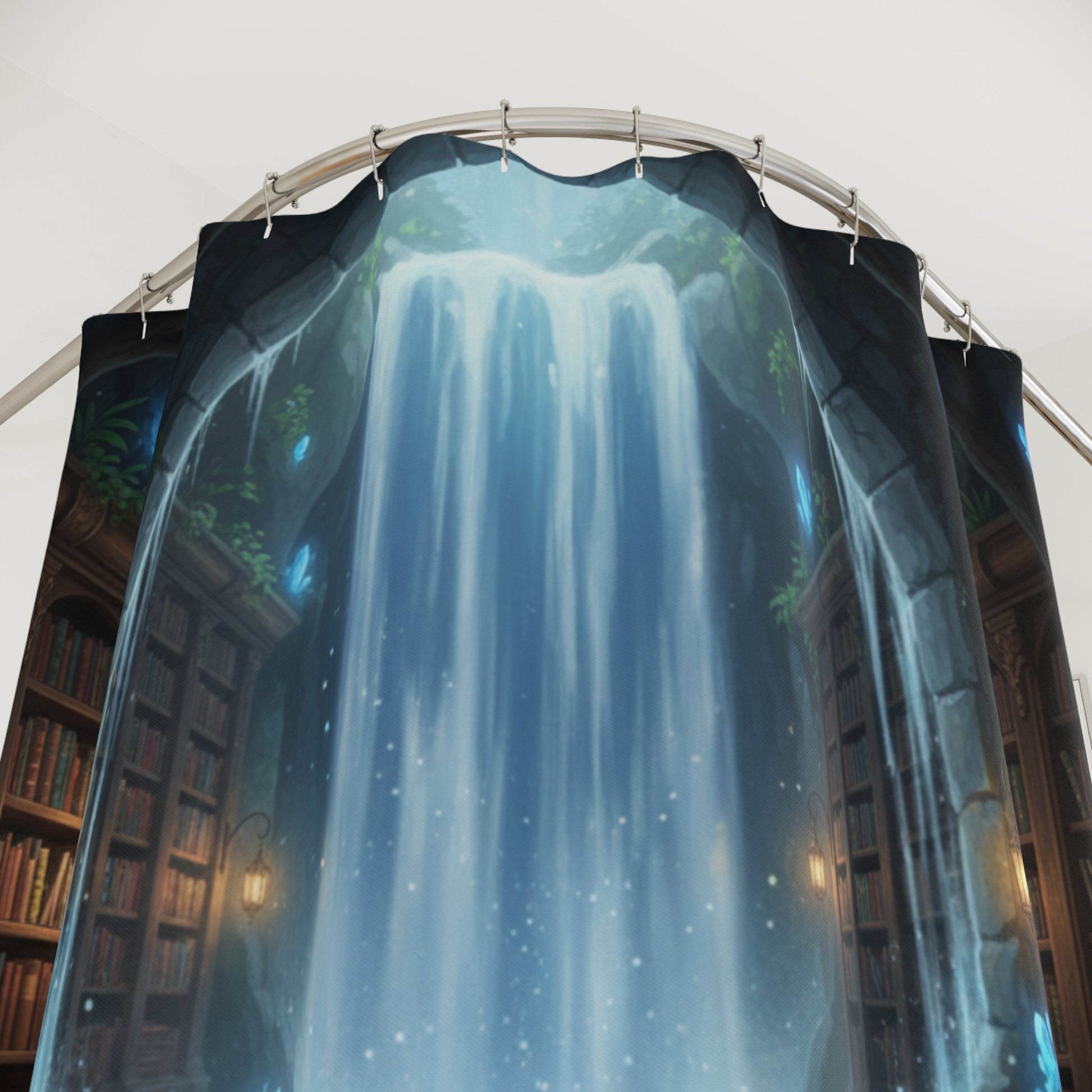 Enchanted Waterfall Library Shower Curtain Floating Books Crystal Glow Bathroom Decor - Bubble Gum Wink