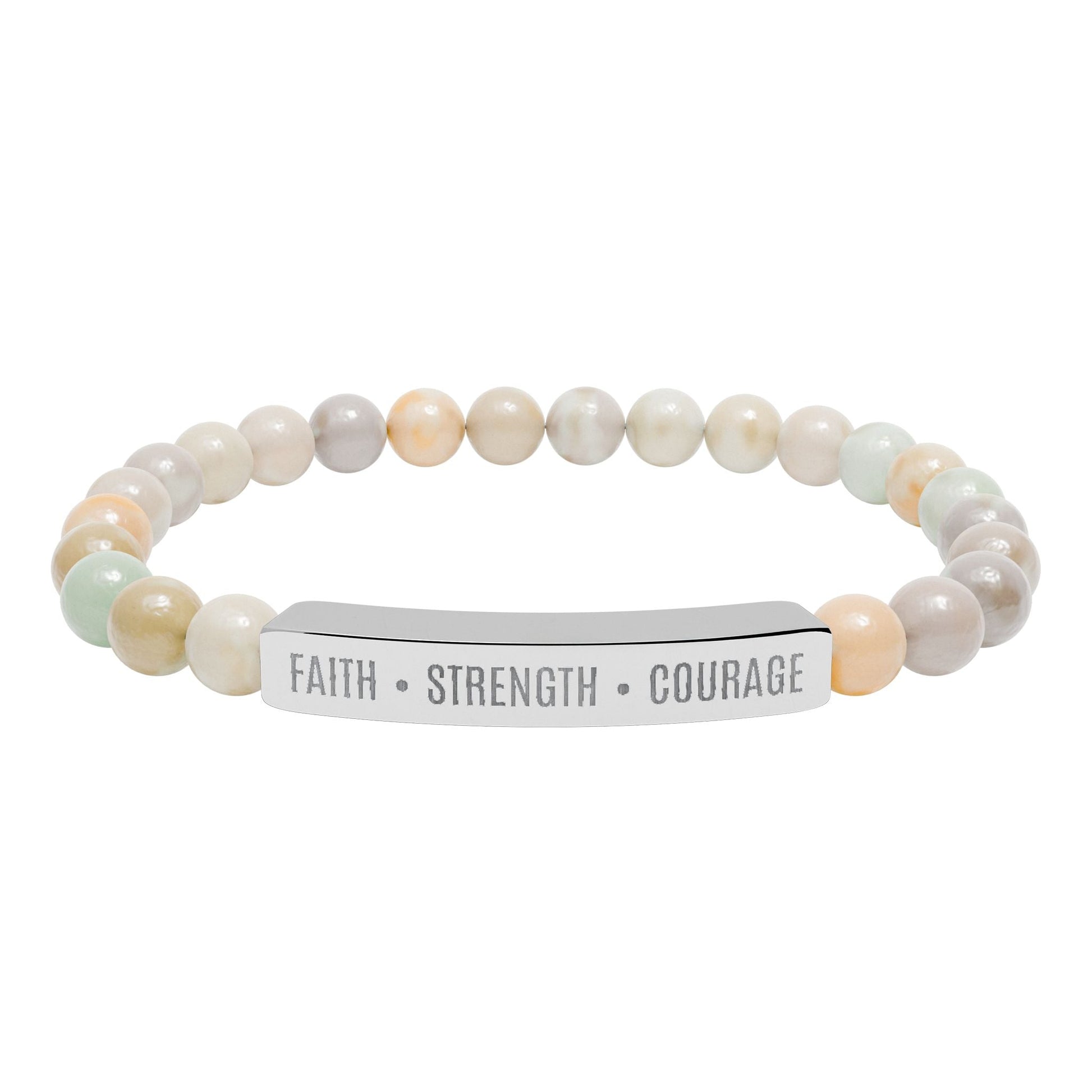 Engraved Natural Stone Bar Bracelet — ’Faith • Strength • Courage’ Stretch Bead Bracelet - Bubble Gum Wink