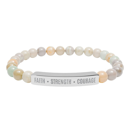 Engraved Natural Stone Bar Bracelet — ’Faith • Strength • Courage’ Stretch Bead Bracelet - Bubble Gum Wink