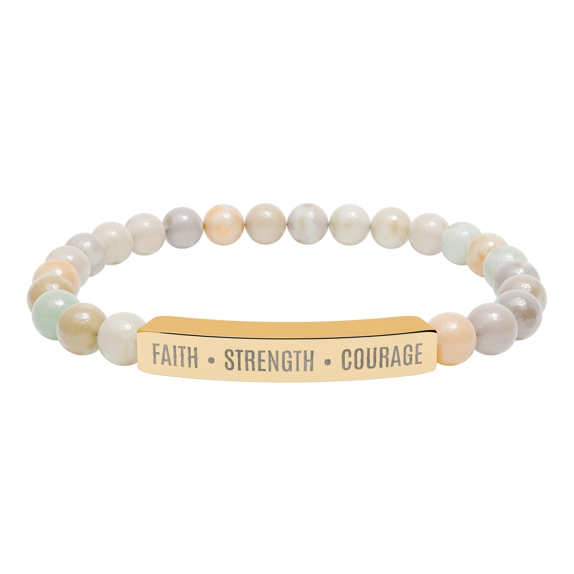 Engraved Natural Stone Bar Bracelet — ’Faith • Strength • Courage’ Stretch Bead Bracelet - Bubble Gum Wink
