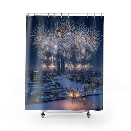 Fireworks Skyline Shower Curtain | New Year Celebration Bathroom Decor - Bubble Gum Wink