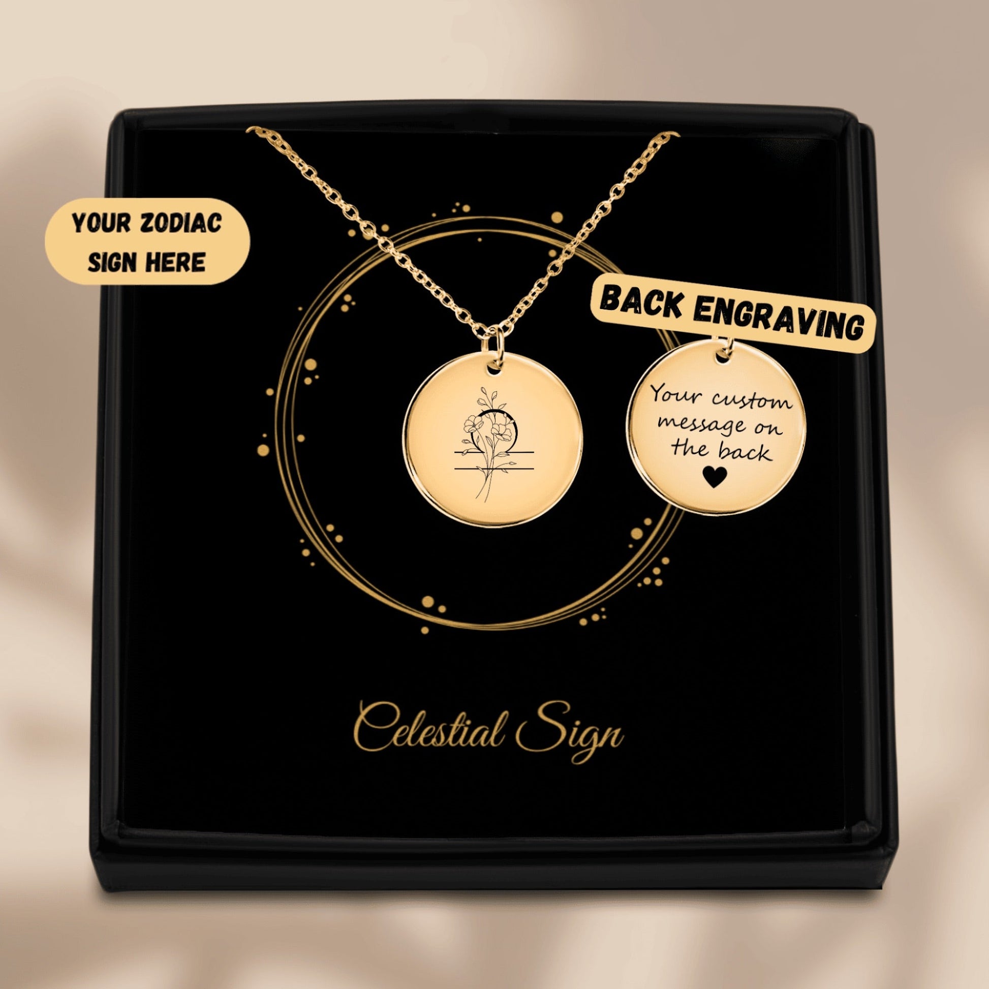 Floral Zodiac Coin Necklace [Your Sign] – Personalized - Bubble Gum Wink