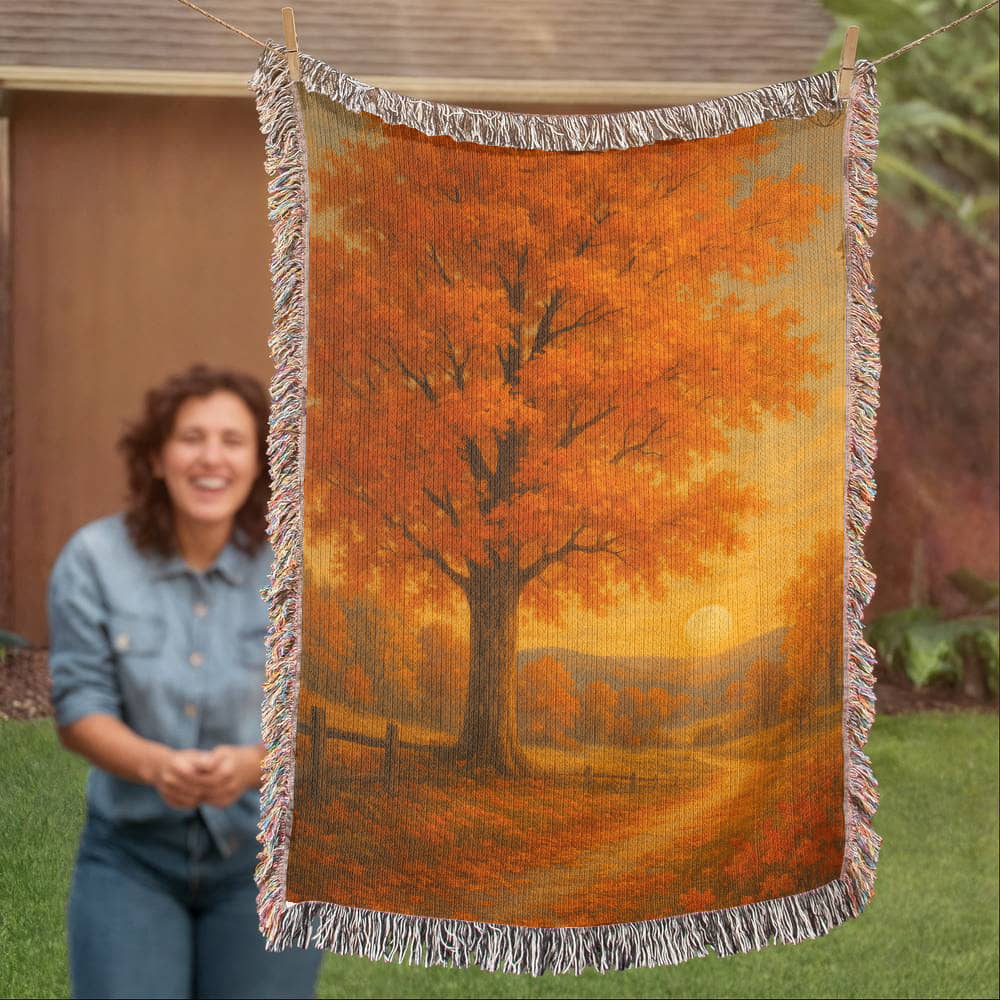 Golden Autumn Path – Fall Woven Throw Blanket - Bubble Gum Wink