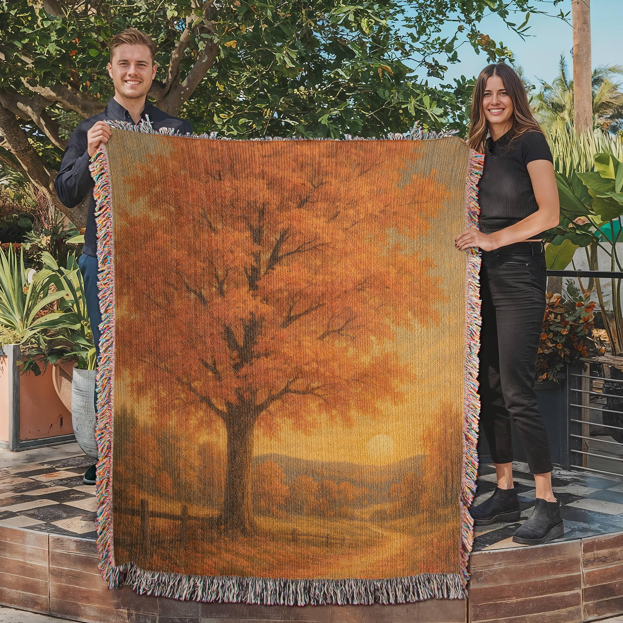 Golden Autumn Path – Fall Woven Throw Blanket - Bubble Gum Wink