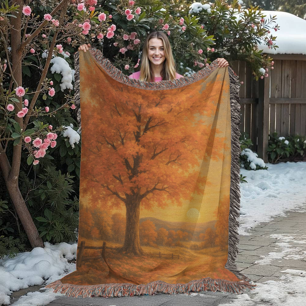 Golden Autumn Path – Fall Woven Throw Blanket - Bubble Gum Wink