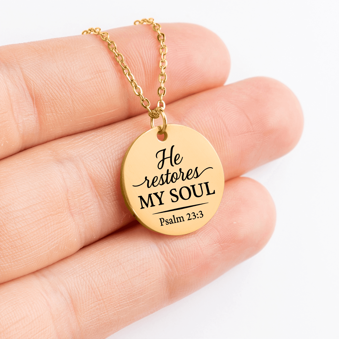 He Restores My Soul Coin Necklace – Psalm 23:3 Christian Pendant - Bubble Gum Wink