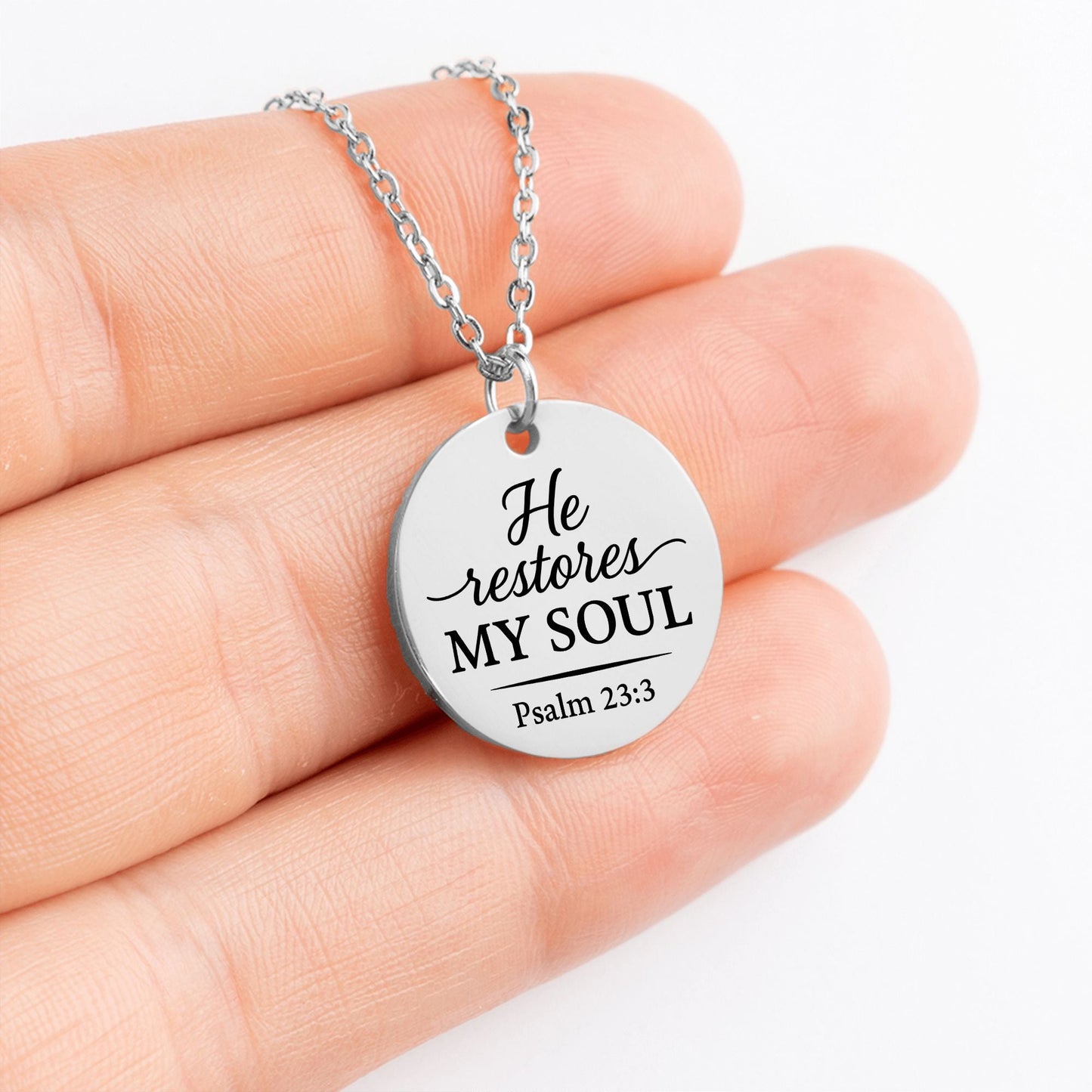 He Restores My Soul Coin Necklace – Psalm 23:3 Christian Pendant - Bubble Gum Wink