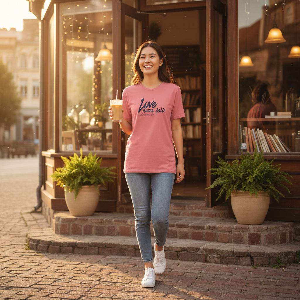 Unisex tee with Love Never Fails 1 Corinthians 13:8 scripture design in bold black font.