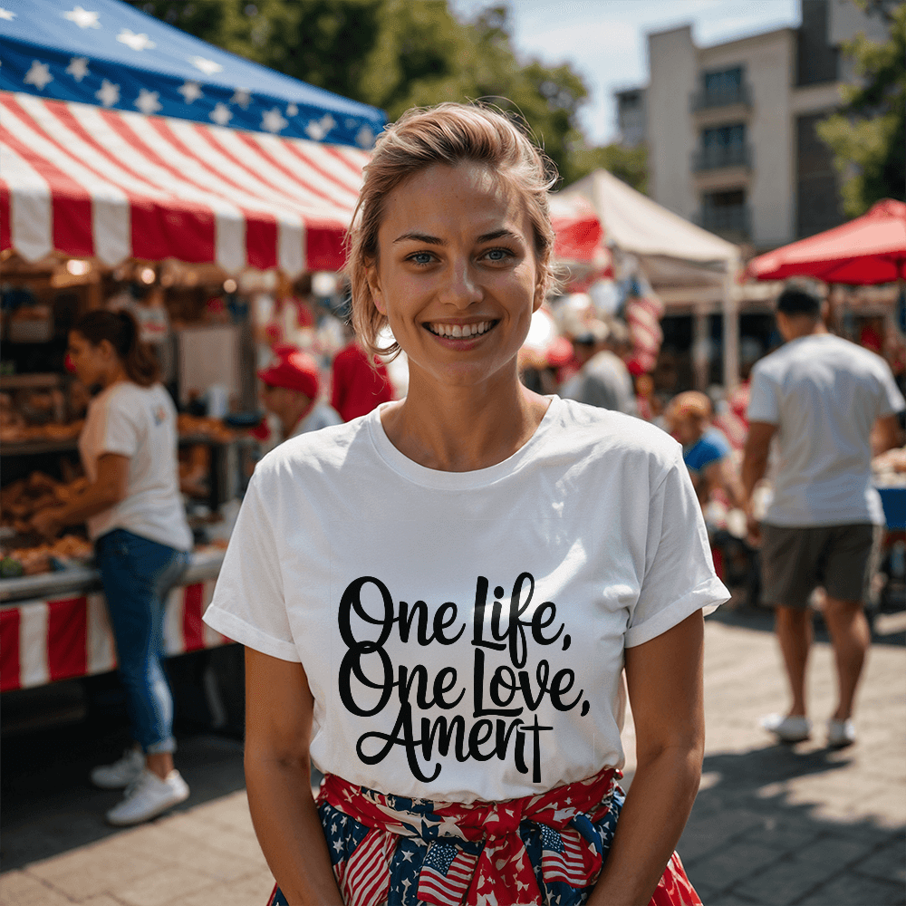 One Life, One Love, Amen – Script Faith Tee - Bubble Gum Wink
