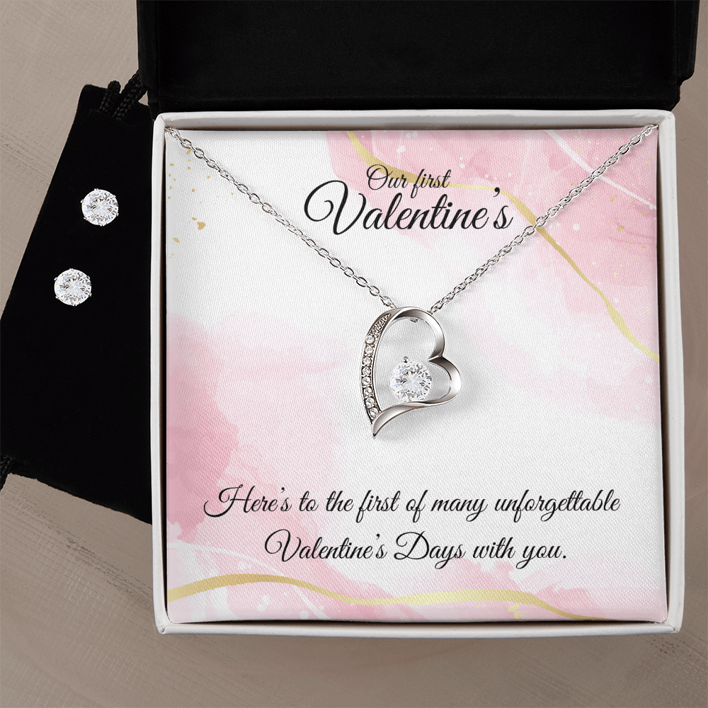 Our First Valentine’s – Heart Necklace & CZ Earring Gift Set - Bubble Gum Wink