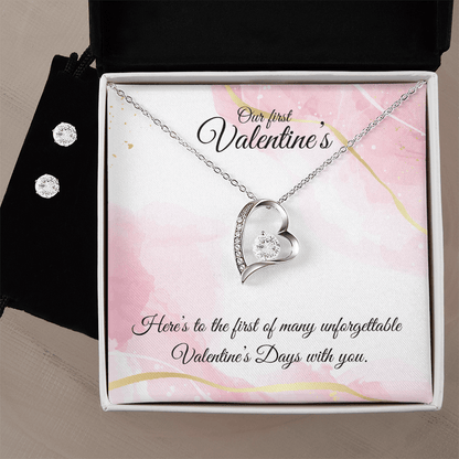 Our First Valentine’s – Heart Necklace & CZ Earring Gift Set - Bubble Gum Wink