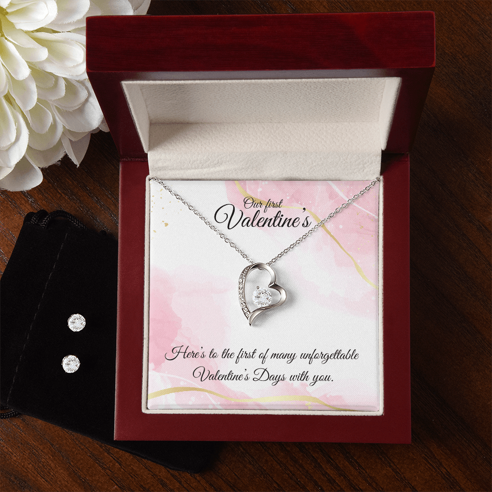 Our First Valentine’s – Heart Necklace & CZ Earring Gift Set - Bubble Gum Wink
