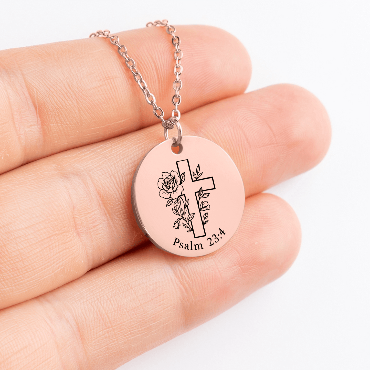 Psalm 23:4 Coin Necklace – I Will Fear No Evil Cross Pendant - Bubble Gum Wink