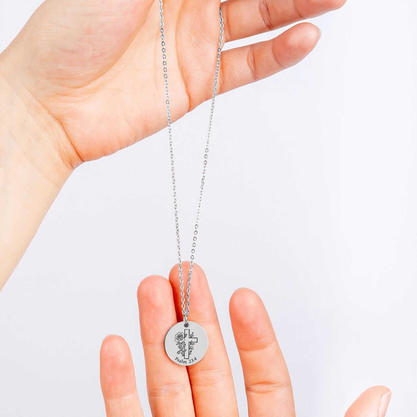 Psalm 23:4 Coin Necklace – I Will Fear No Evil Cross Pendant - Bubble Gum Wink