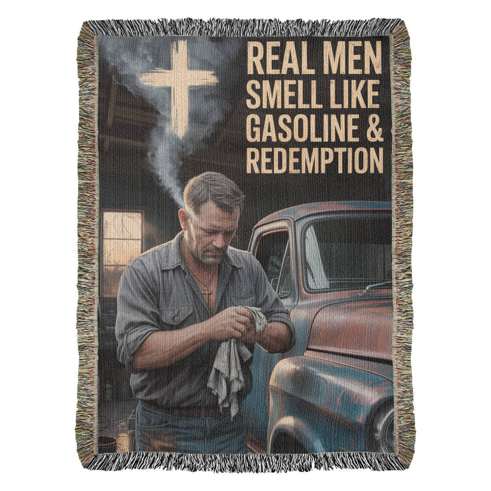 Real Men Smell Like Gasoline & Redemption – Faith Woven Throw Blanket - Bubble Gum Wink
