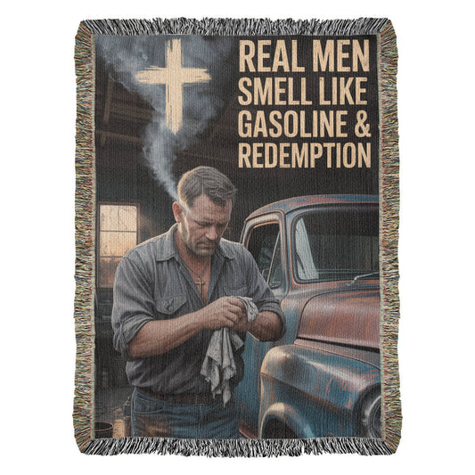 Real Men Smell Like Gasoline & Redemption – Faith Woven Throw Blanket - Bubble Gum Wink