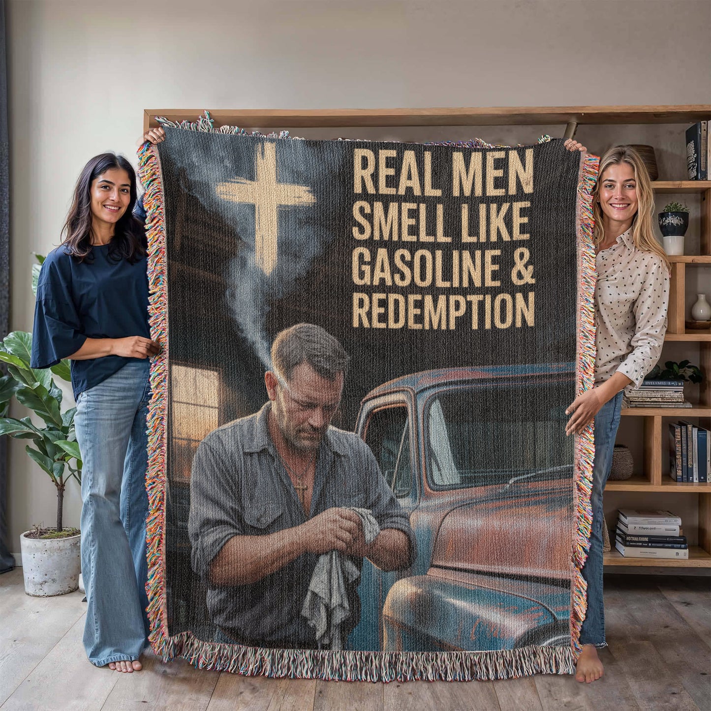 Real Men Smell Like Gasoline & Redemption – Faith Woven Throw Blanket - Bubble Gum Wink