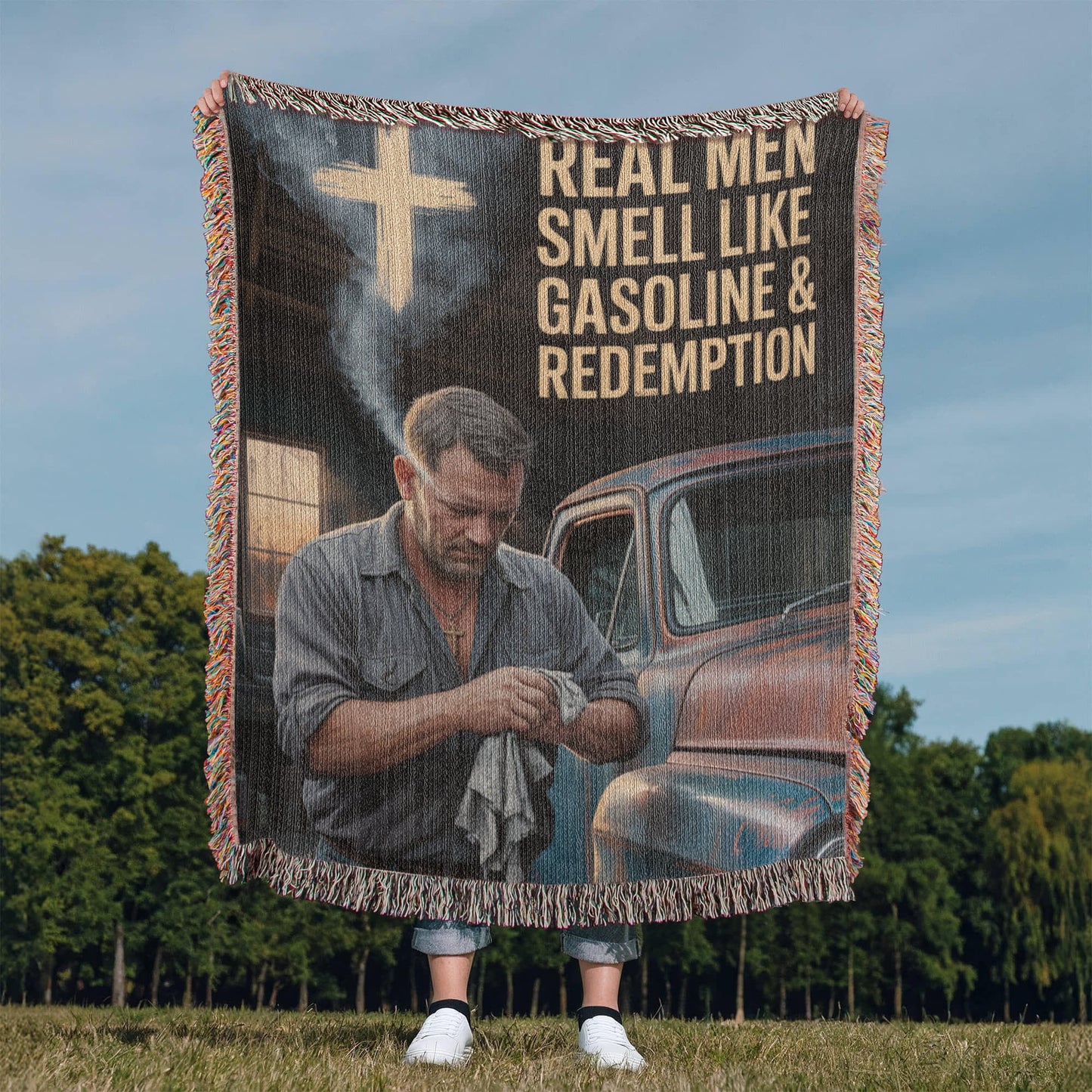 Real Men Smell Like Gasoline & Redemption – Faith Woven Throw Blanket - Bubble Gum Wink