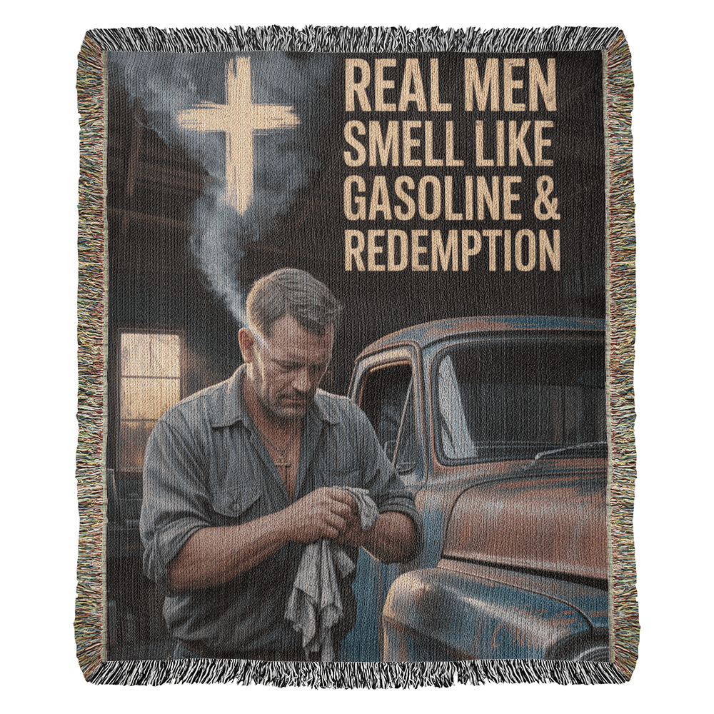 Real Men Smell Like Gasoline & Redemption – Faith Woven Throw Blanket - Bubble Gum Wink