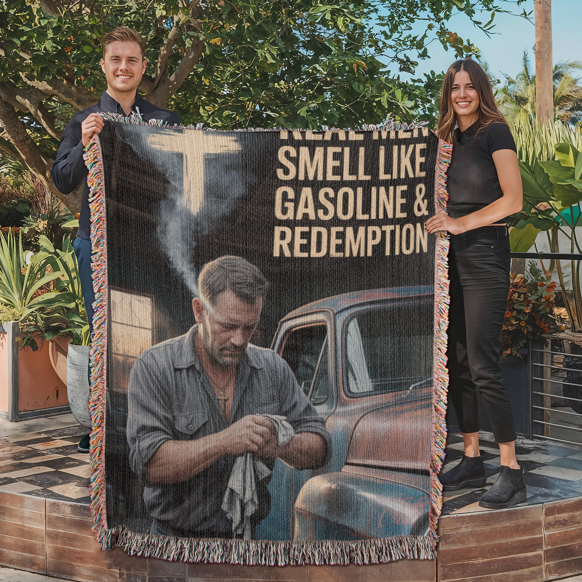 Real Men Smell Like Gasoline & Redemption – Faith Woven Throw Blanket - Bubble Gum Wink