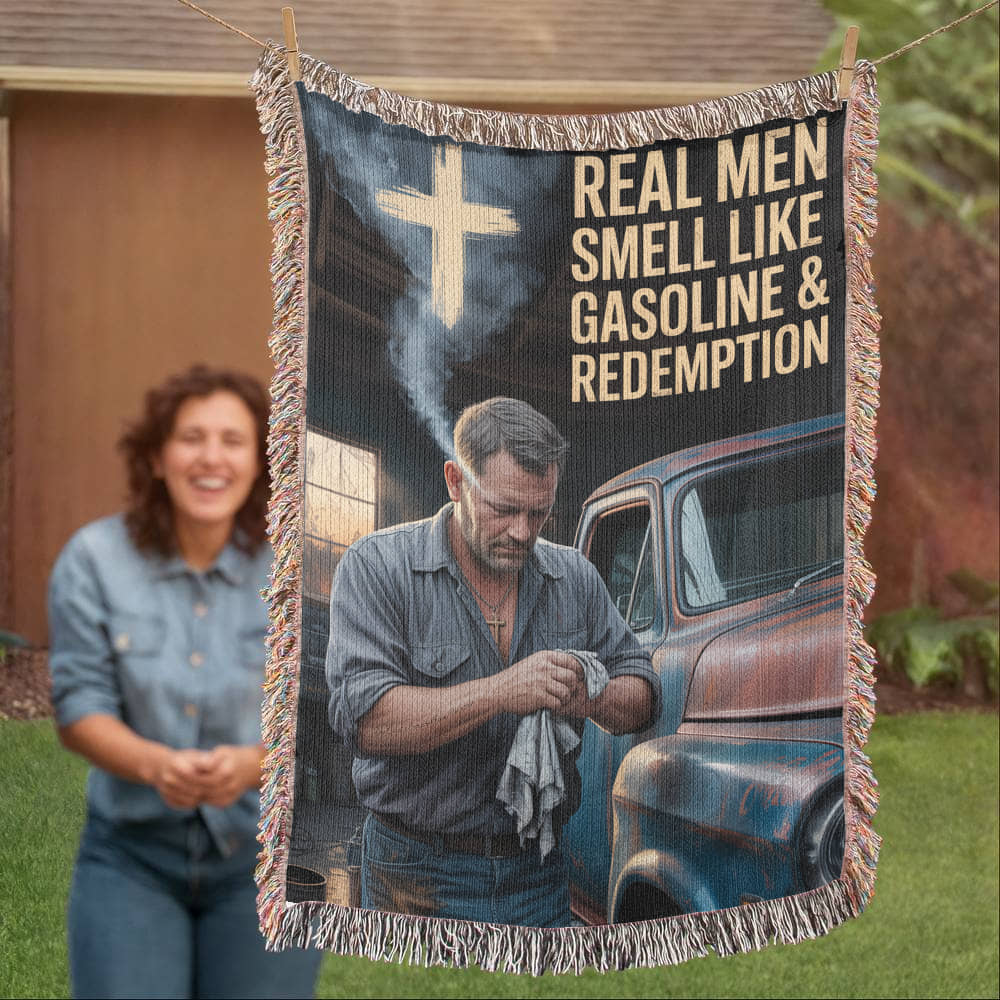 Real Men Smell Like Gasoline & Redemption – Faith Woven Throw Blanket - Bubble Gum Wink