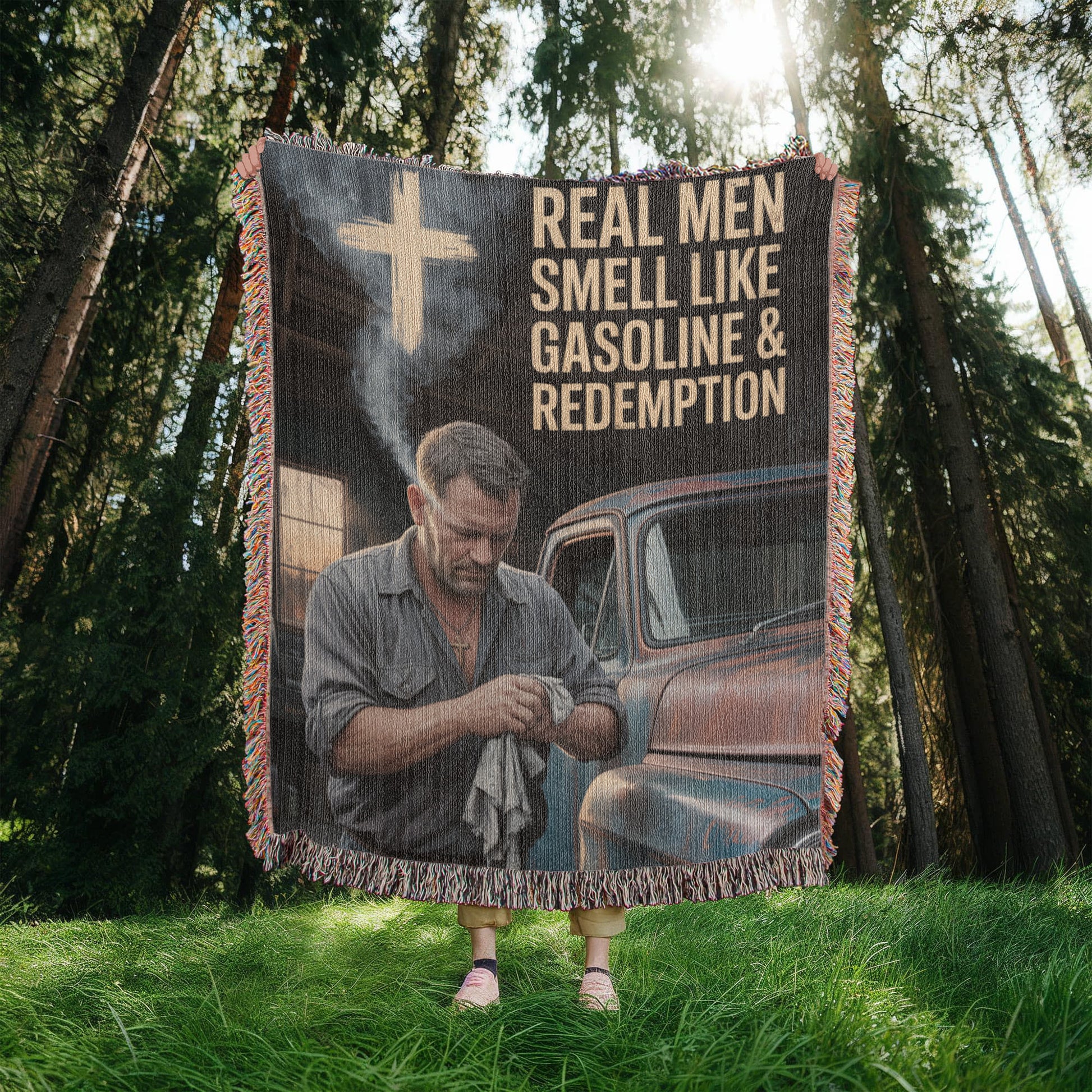 Real Men Smell Like Gasoline & Redemption – Faith Woven Throw Blanket - Bubble Gum Wink