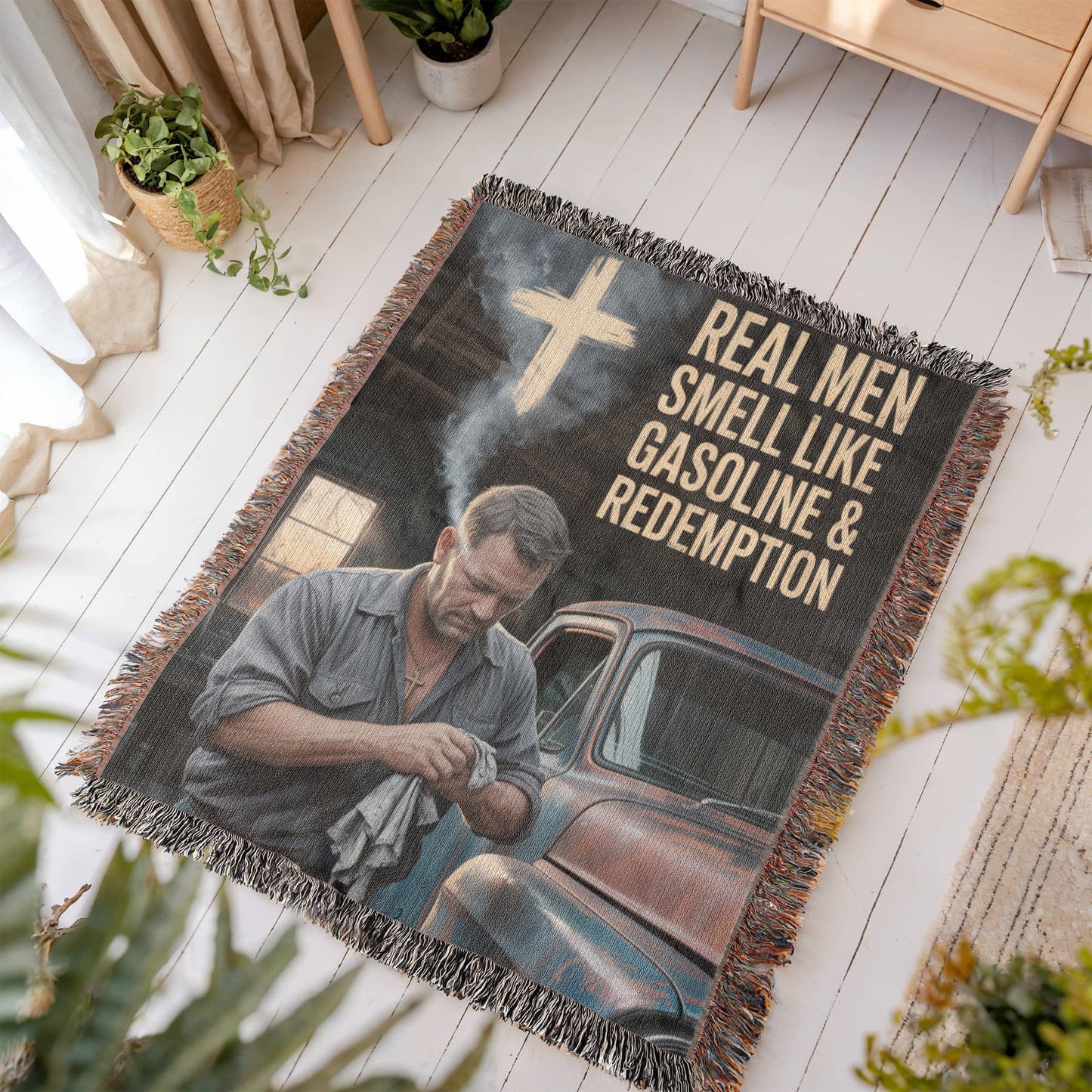 Real Men Smell Like Gasoline & Redemption – Faith Woven Throw Blanket - Bubble Gum Wink