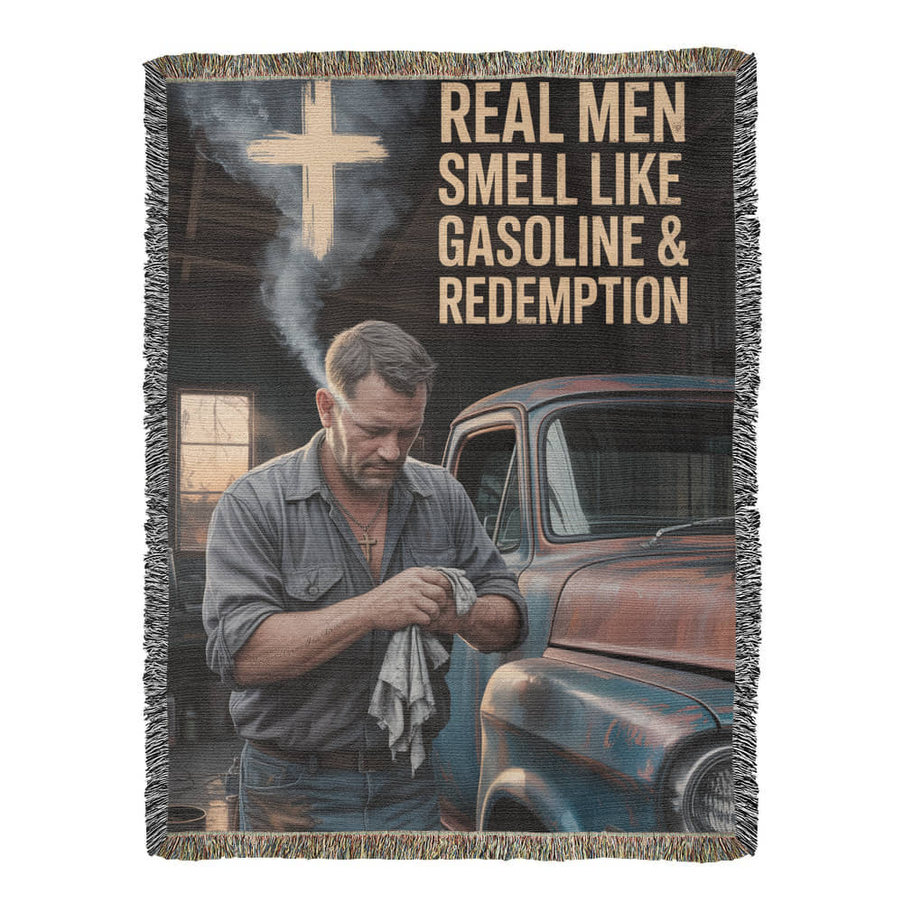 Real Men Smell Like Gasoline & Redemption – Faith Woven Throw Blanket - Bubble Gum Wink