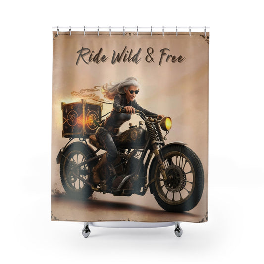 Ride Wild & Free Motorcycle Rider Shower Curtain | Biker Woman Bathroom Decor - Bubble Gum Wink
