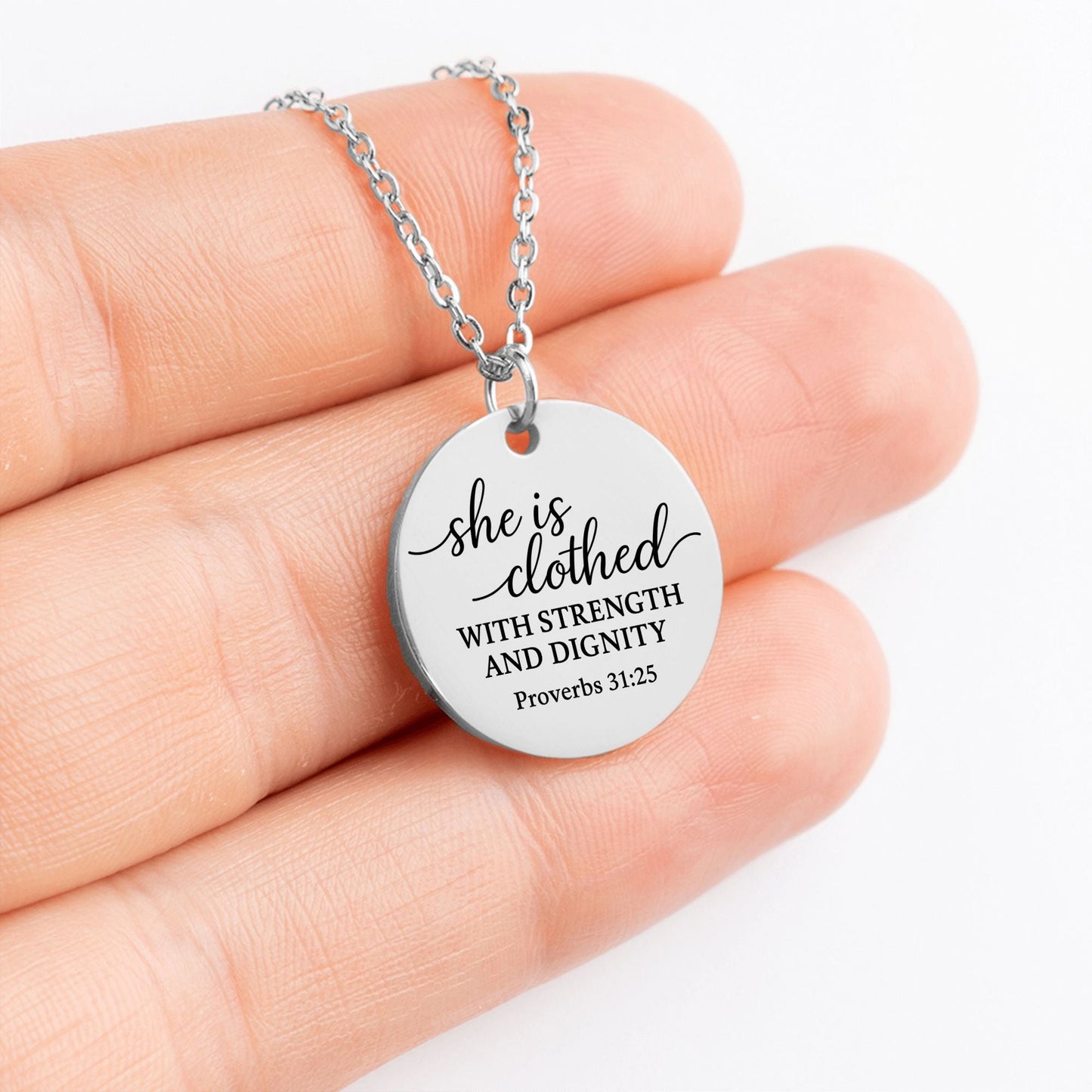 She Is Clothed Coin Necklace – Proverbs 31:25 Strength & Dignity Pendant - Bubble Gum Wink