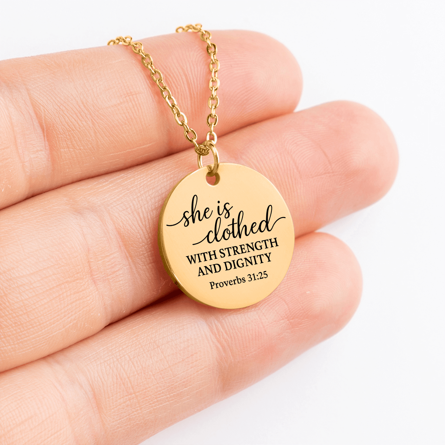 She Is Clothed Coin Necklace – Proverbs 31:25 Strength & Dignity Pendant - Bubble Gum Wink
