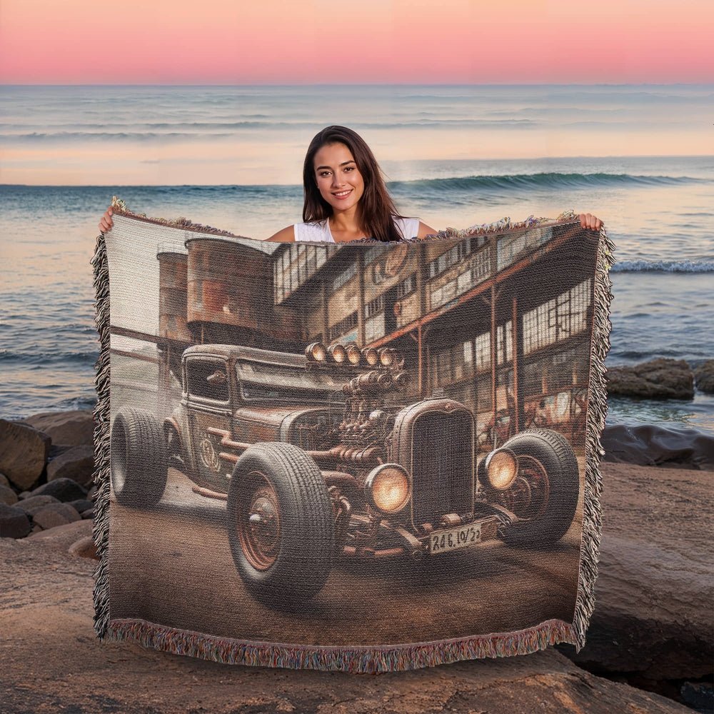 Steampunk Rat Rod Woven Heirloom Blanket – 50x60 Cotton Throw - Bubble Gum Wink