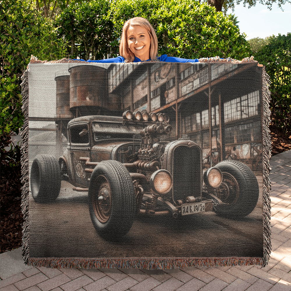 Steampunk Rat Rod Woven Heirloom Blanket – 50x60 Cotton Throw - Bubble Gum Wink
